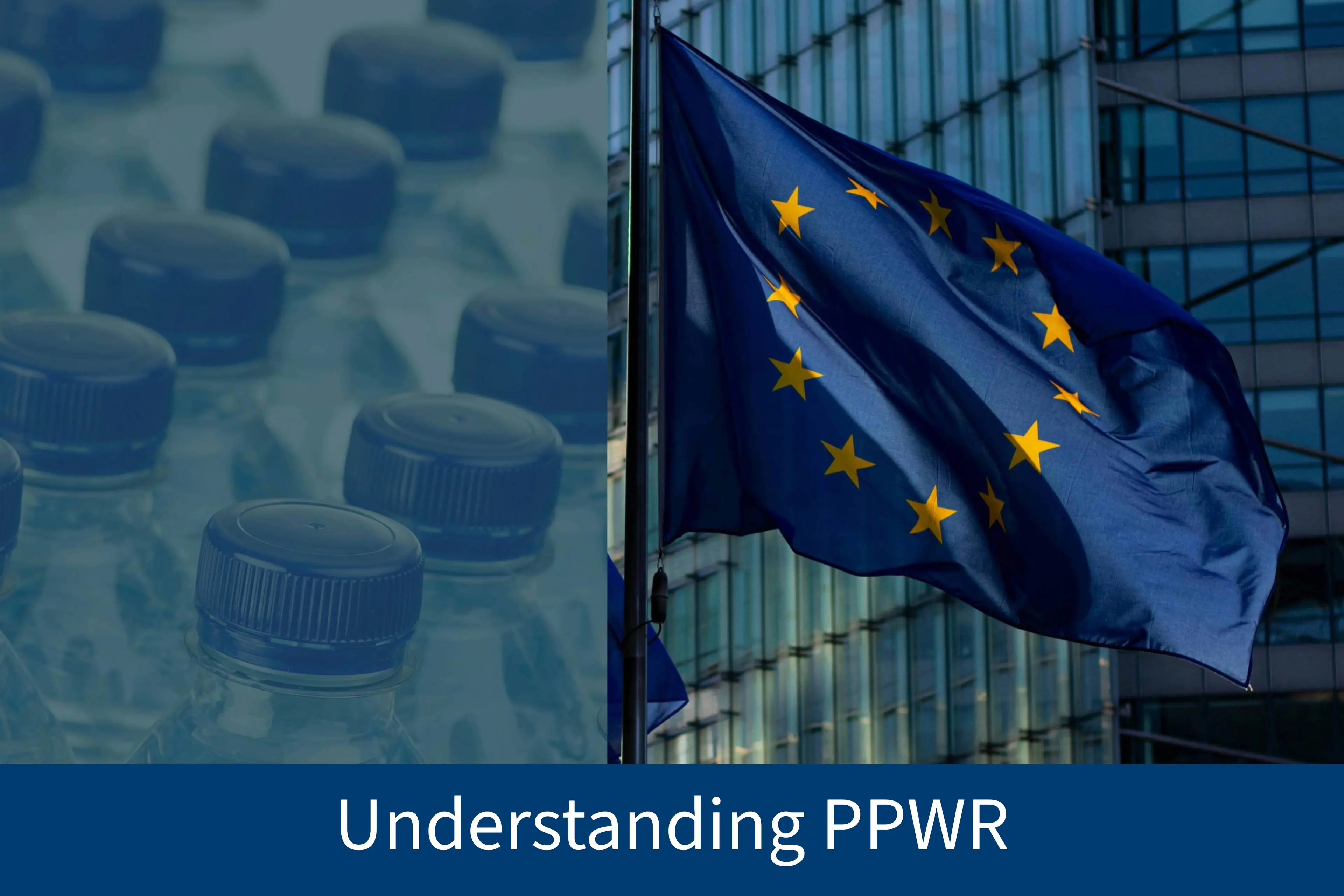 An image showing blue plastic bottle caps and the European Commission flag flying