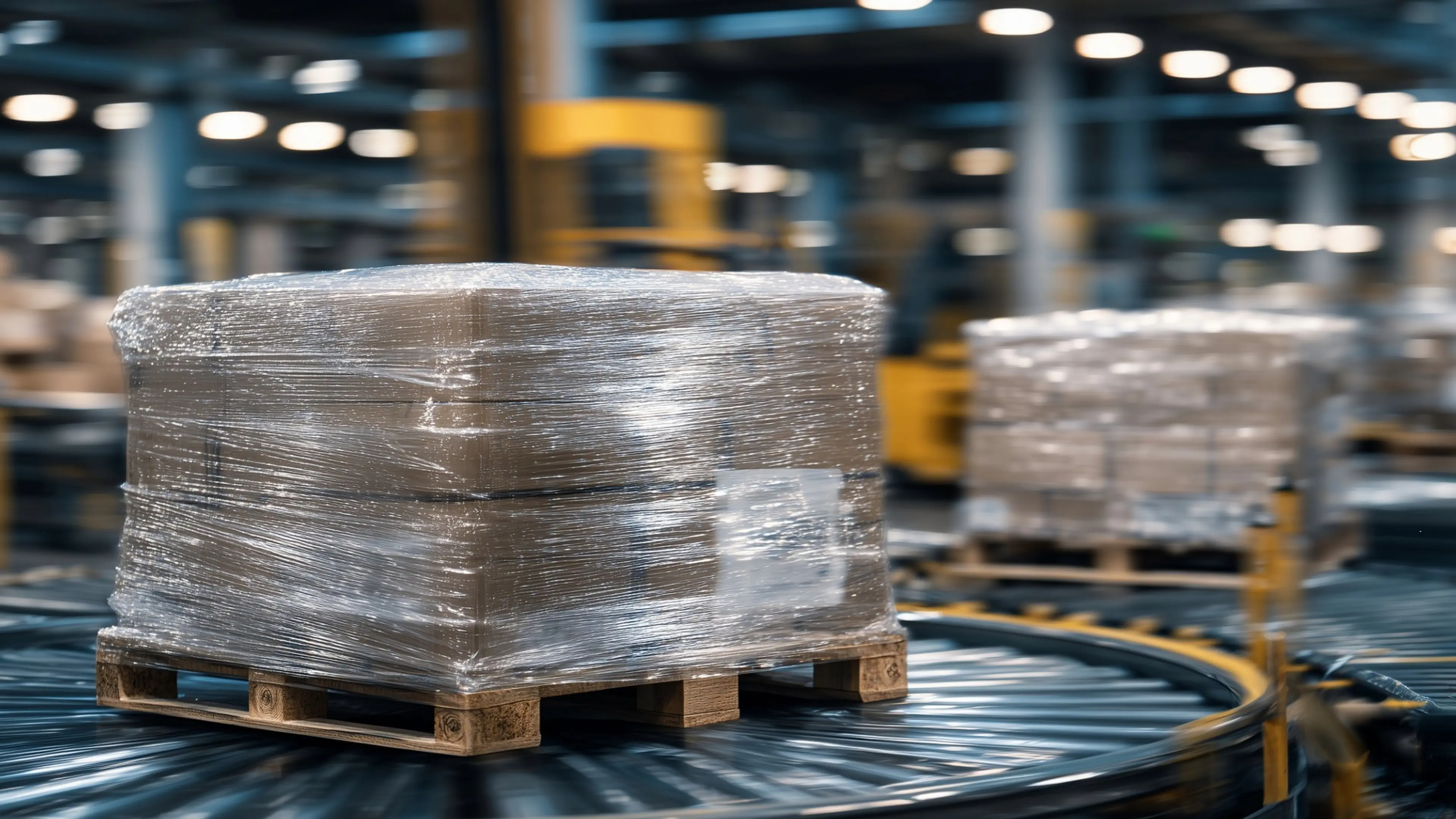 Pallets inside a warehouse, showing stretch and shrink film around cardboard boxes