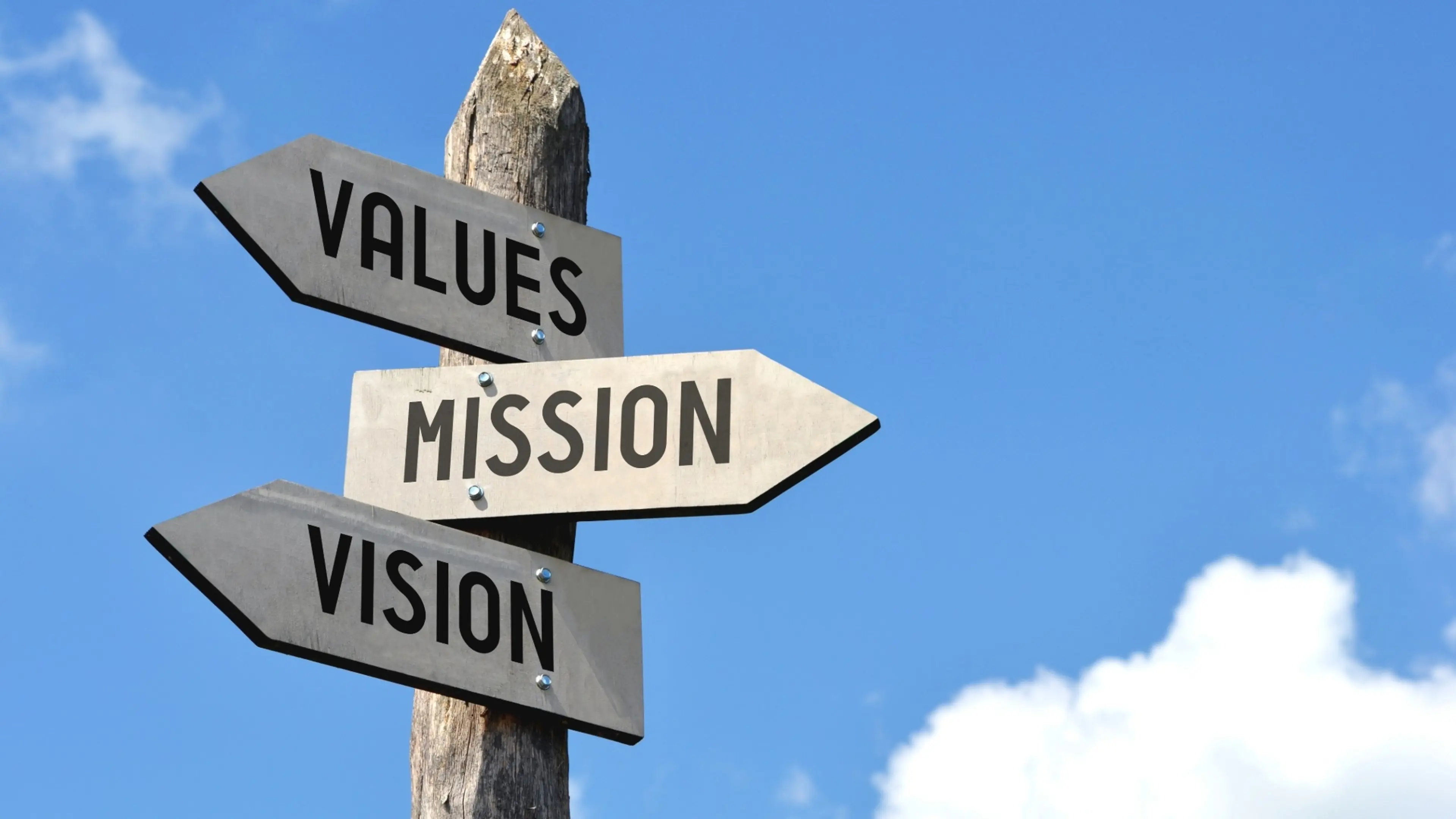 Value, Mission, Vision sign post with blue sky background